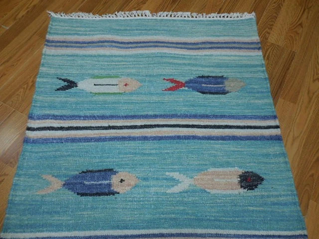 3' x 5' Ft. Fun Colorful Fish Design Turkish Oushak Kilim Hand Knotted Wool Area Rug – BR3030