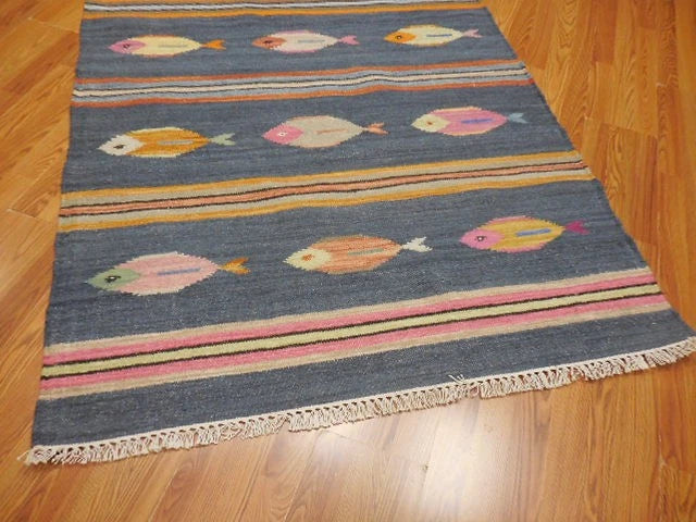 4' x 6' Ft. Fun Colorful Fish Design Turkish Oushak Hand Knotted Kilim Wool Area Rug - BR3037