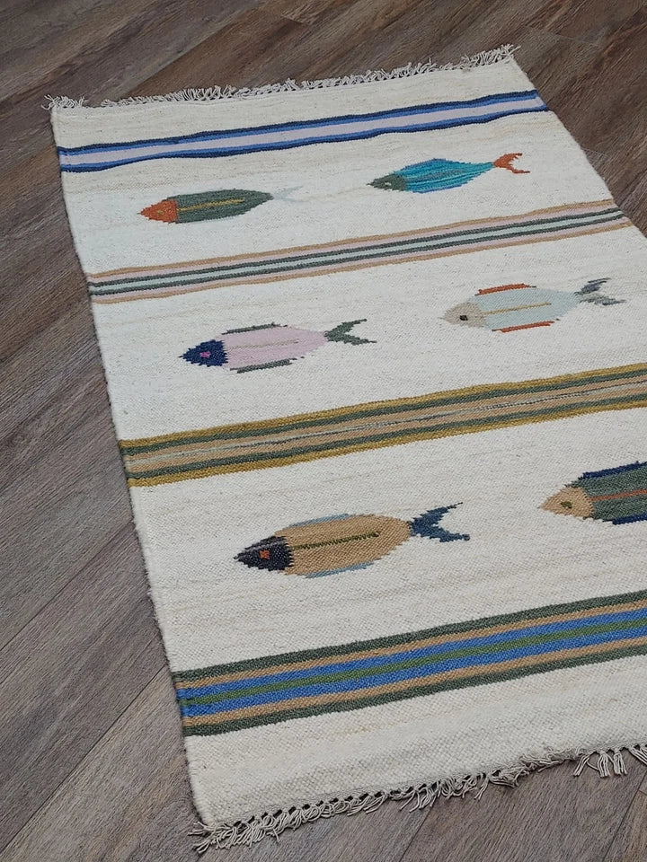 3' x 5' Ft. Fun Colorful Fish Design Turkish Oushak Kilim Hand Knotted Wool Area Rug – BR3048